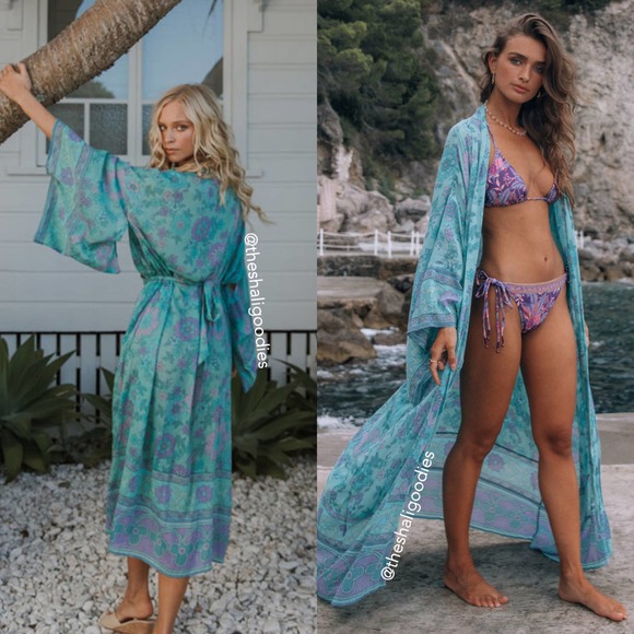 SPELL Buttercup Robe Blue Floral Kimono Duster Maxi - Picture 4 of 8